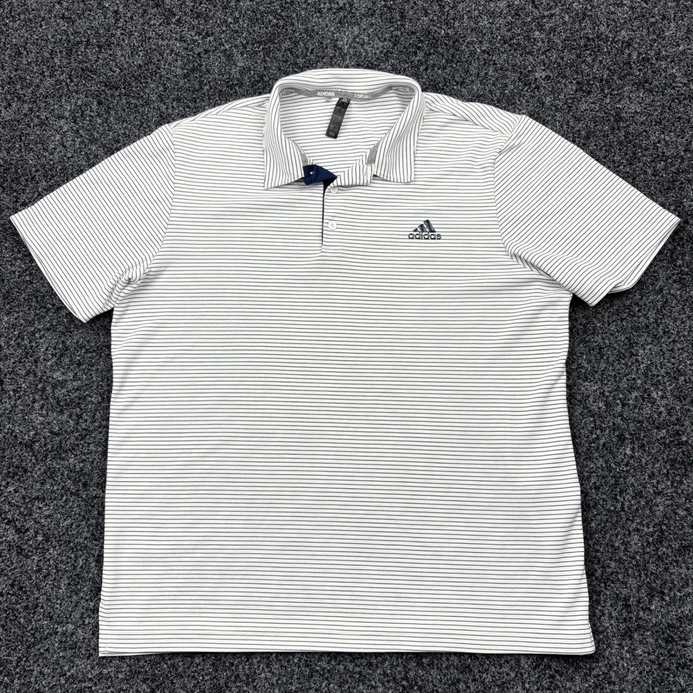 adidas Polo Shirt Mens Large White Navy Striped Golf Performance Short Sleeve L